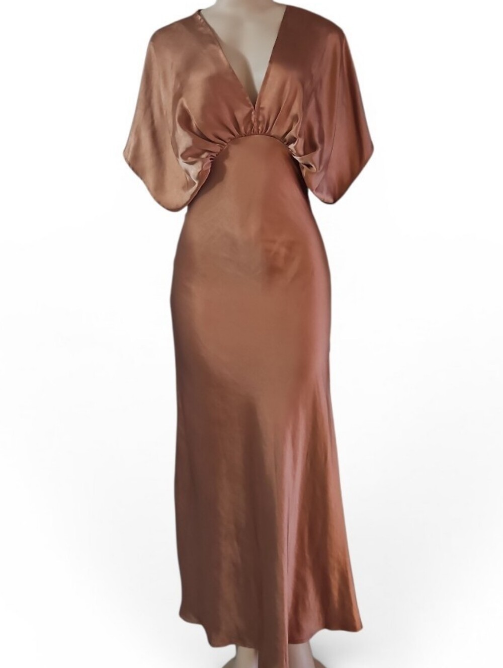 Silky Copper Maxi Dress with Batwing Sleeves